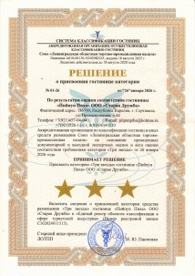 Решение о присвоении гостинице категории